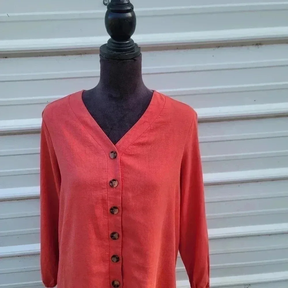 Chelsea & Theodore Dress PL Petite Women's Red Linen Blend Button Front Long Sle